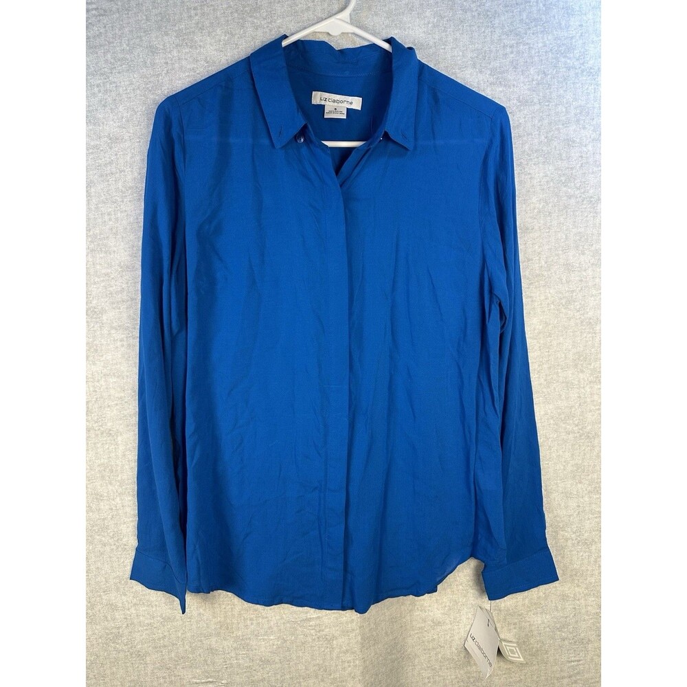 NWT Liz Claiborne Womens Button Down Size Small Blouse Blue Long Sleeve Rayon